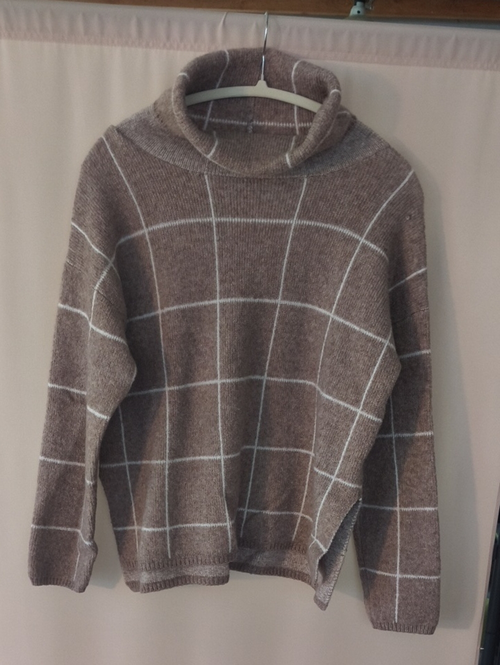Women's Taupe Windowpane Cowl Neck Sweater Size M